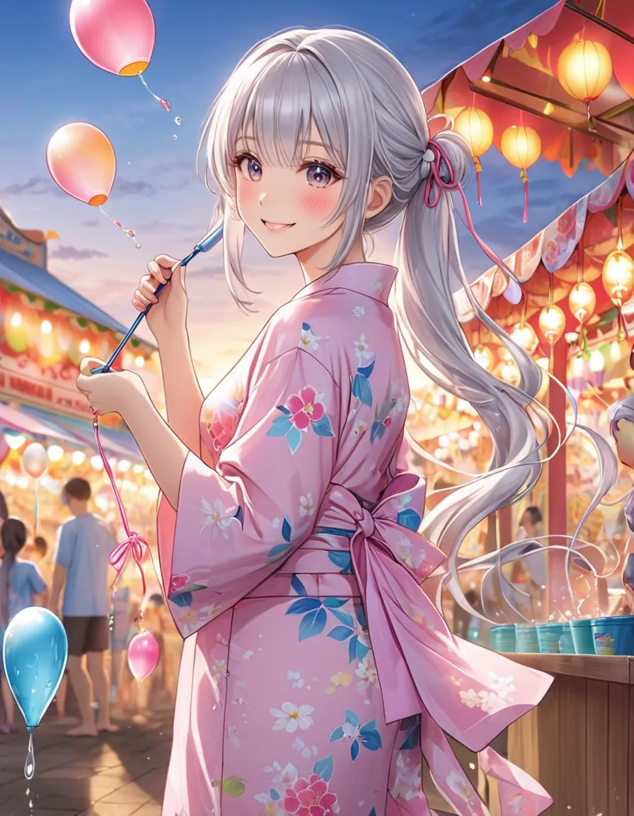  long silver hair 、 beautiful girl with a twin-tail hairstyle、smile、I'm wearing a pink floral yukata、I'm playing with yo-yo scooping water balloons at the fair at dusk、