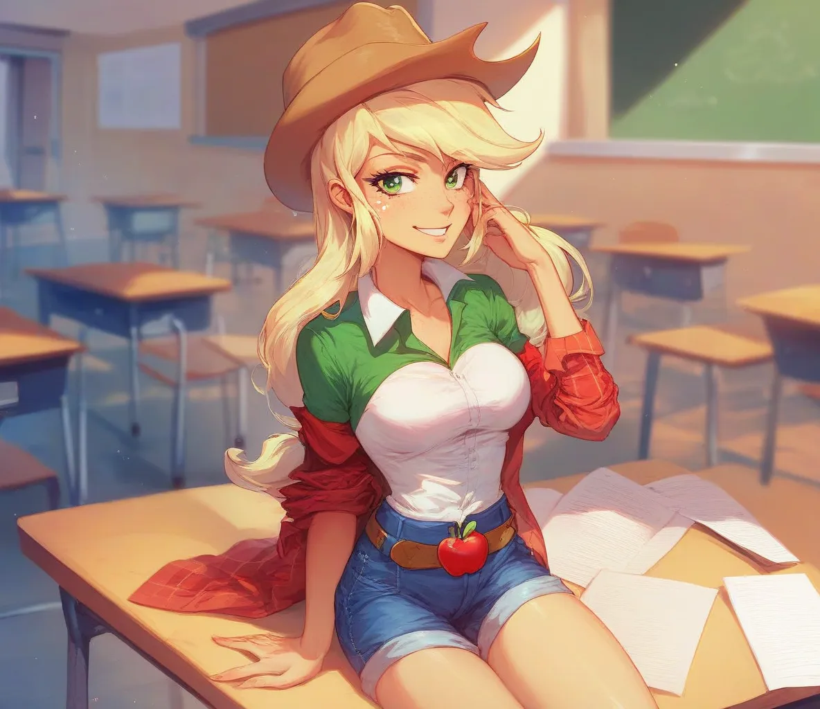 Animated character applejack,   smile, greis eyis, pale yellow hair, pale orange skin, looking_is_ispectador, medium breasts,  classroom,   belt, an apple in the hand, equistria girls, cowboy his,   belt, sexy disim shorts, cowboy boots,   a girl, well-def...