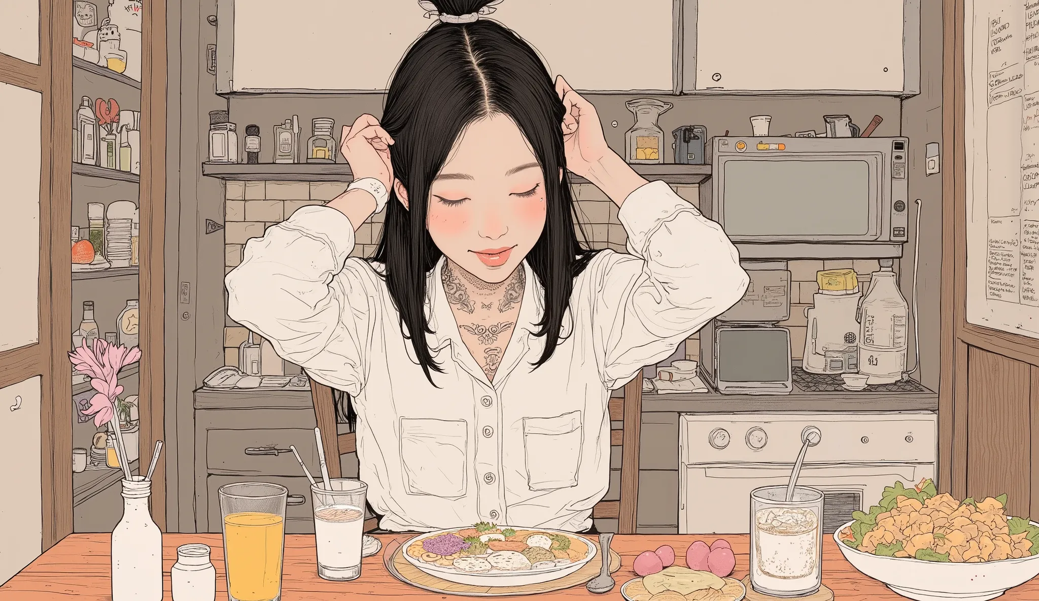 Mr.々food kissed by Xiaolin Blue, by Kamisaka Sekka,  by Gyokudo Urakami ,  Japanese Illustrations, by Kamaguruka , by Ai-Mitsu, A picture of a table with,   anime food, Okada Keiyama ,   Nakahara Nantenbo  、A smiling woman is sitting with a spoon and fork、...