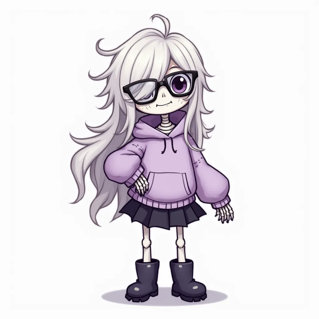 A skeleton girl, with long, messy white hair, with a lock covering her left eye, dark circles under her eyes, white pupils and black sclera, a pale purple hooded sweater, a black skirt, boots with white leggings, and black glasses in an undertale game draw...