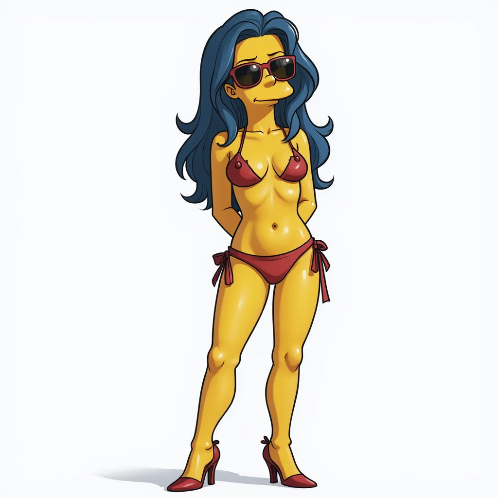 "NSFW:1.5, Marge Simpson adult women 28 years old with big nude breasts and red thong, red heels, her nipples are erect, full body portrait" Marge Simpson from The Simpsons topless with her long blue hair down and wet, wearing a red thong and sunglasses wi...