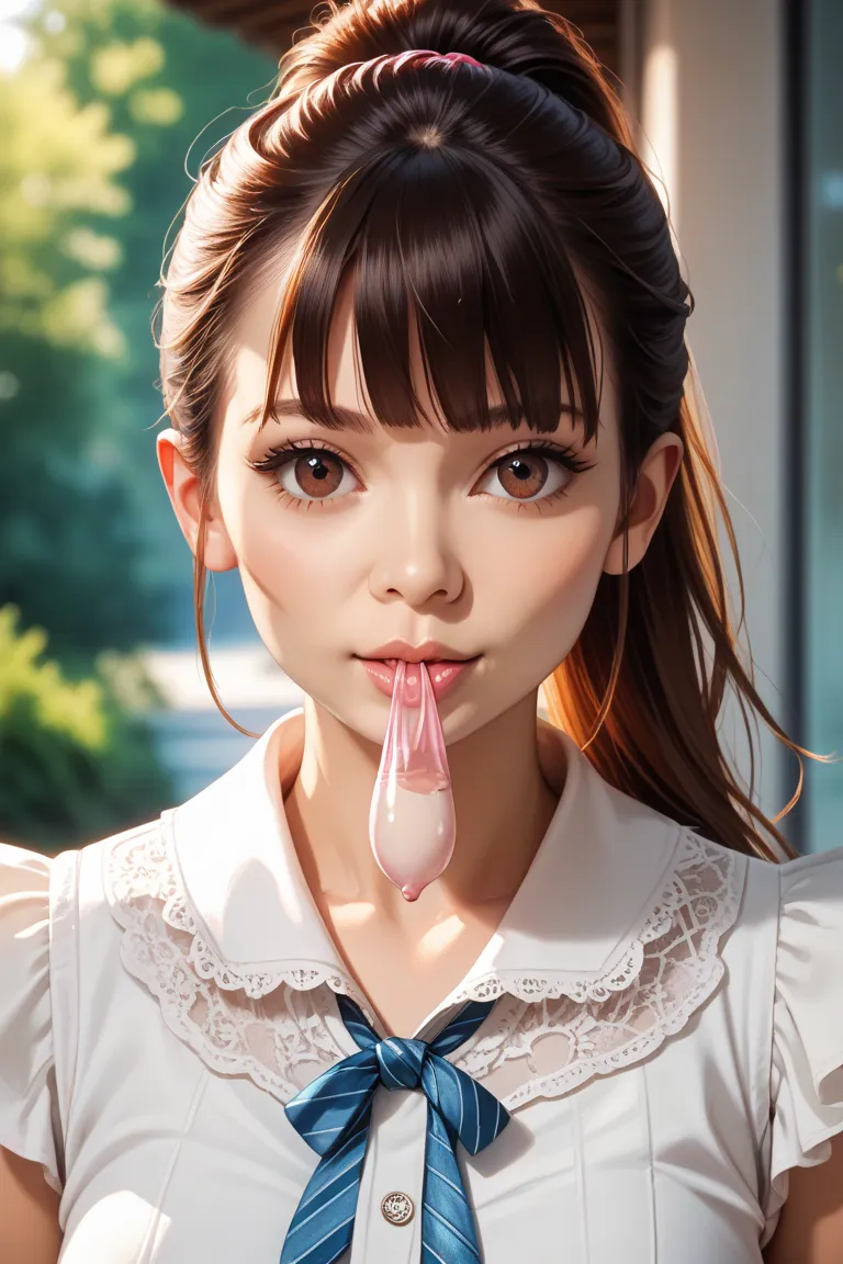 score_9, score_8_up, score_7_up, rating_safe, realistic, masterpiece, best quality, Alone, 1 girl, Japanese actress, (blouse, skirt), ( put a used condom in your mouth, Focus on Your FACE, front view), (ponytail hair, bangs, hair crunch), detailed face,  d...