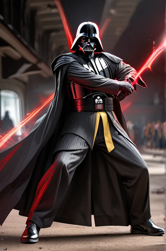 A fusion of Bruce Lee and Darth Vader, martial arts master in Sith armor, intense energy, powerful stance, digital art, hyperrealistic, epic crossover concept 