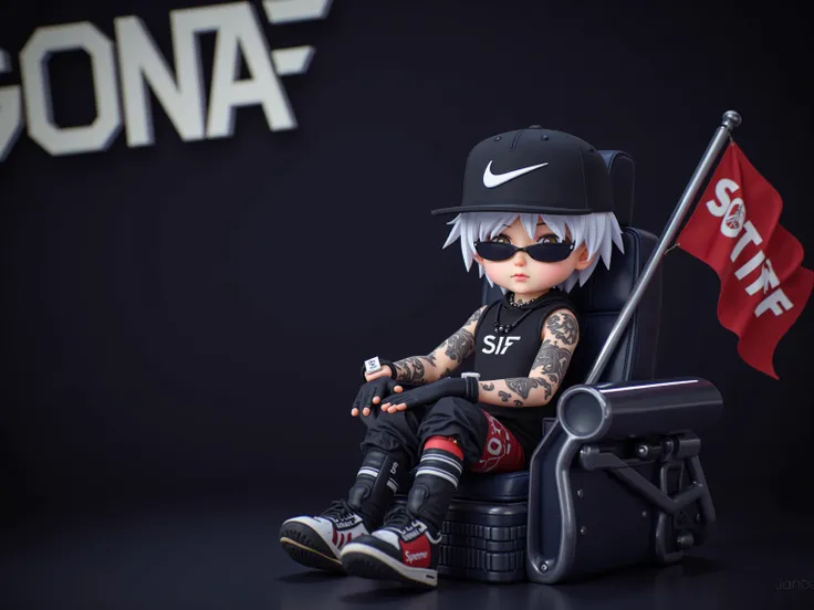 In pixel art style made A small anime character with tattoos  with sunglasses and with black nike hat and SUPREME dresscode sitting on a chair   holding flag with capslock inscription  "$ TIFF " and near a SOLANA LOGO  in a catchy font  ultra-detailed, 8K,...