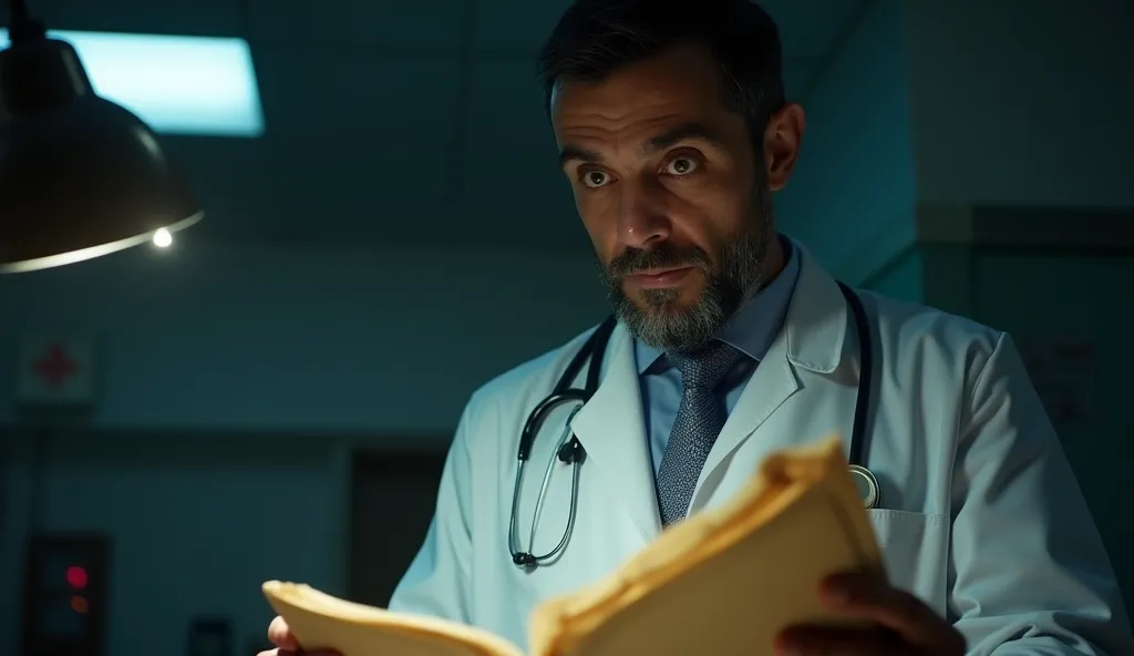 A middle-aged Hispanic male doctor with short black hair, brown eyes, and a neatly trimmed beard, wearing a white lab coat and stethoscope. He is standing in a dimly lit hospital office, staring at an old, dusty medical file with a concerned expression. A ...