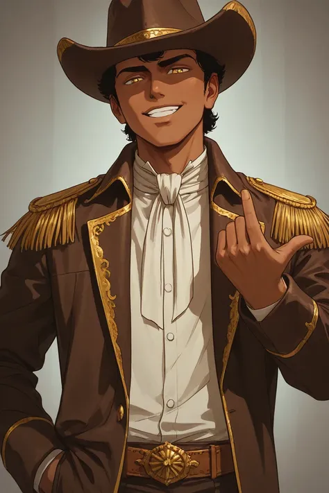 boy, eerie boy, eerie smile, confident smile, yellow eyes, gentleman gesture, confident look, artificer, 60s Retrofuturism style, western clothes, western hat, tanned skin