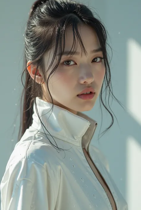 Jennie Kim in a white wet tracksuit, Soaked white shirt, realistic, 4k realistic, gentle illumination , Detailed, true full hd