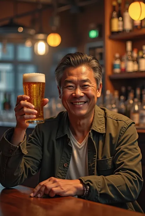 A realistic photo of a 48-year-old but still good-looking Asian man without a mustache, beard, dressed as a ager, sitting in front of a bar, posing compulsively raising a glass of beer on camera