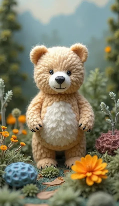 Lovely Bear Wool Felt Artwork.Exquisite detail、Wool Felt Creates a Fun and Peaceful Art Atmosphere.Visual Effects Fresh Nature.masterpiece，Multiple angles。