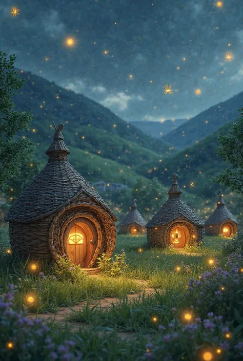 A meadow with fireflies and basket houses 