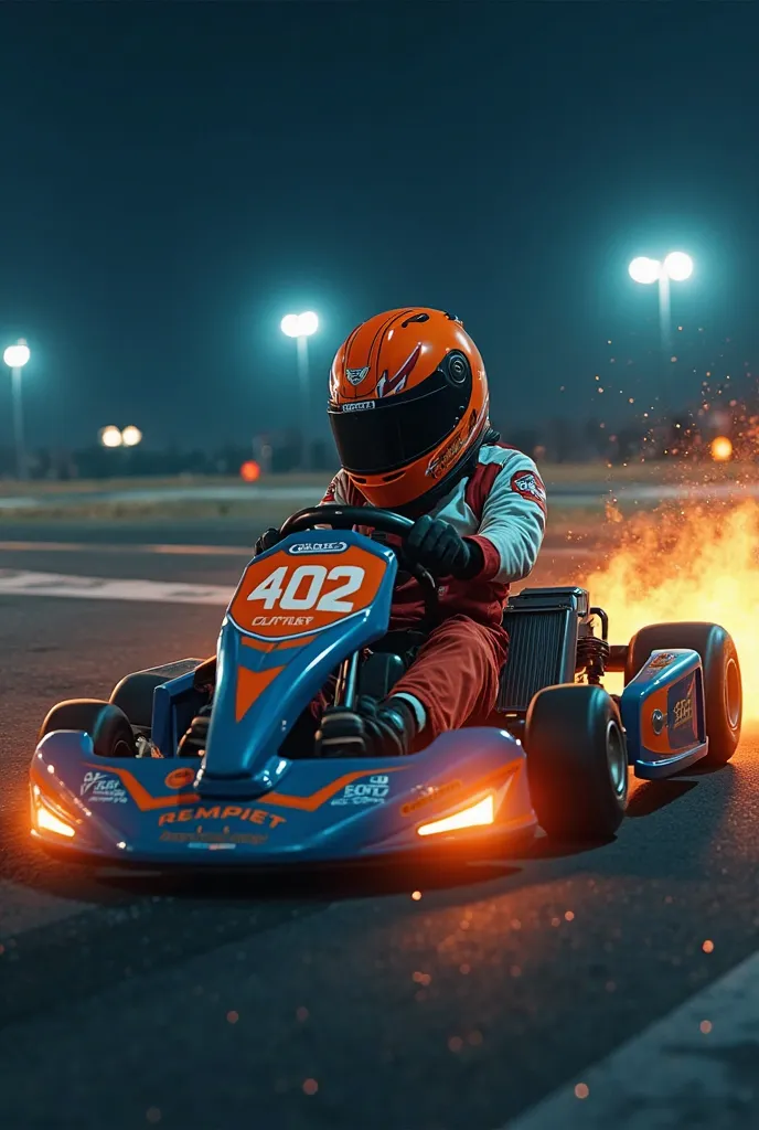 Image of karting category cadet number 402 the kart is blue with orange details, The pilot boy of  wears a white and red jumpsuit and an orange helmet with a dark visor, At the go-kart track it's nighttime and fire comes out of its wheels 