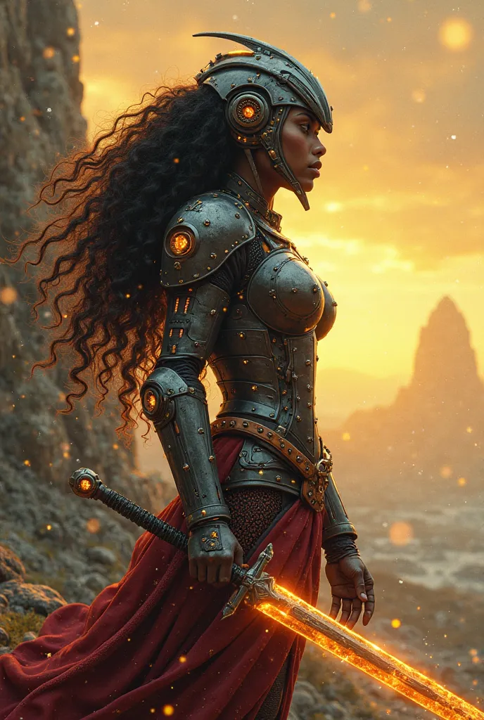 The cover of a book called The Armor depicts a young black woman with long curly hair wearing cyberpunk-style armor that has a helmet and a sword exuding a golden light she appears looking at a landscape 