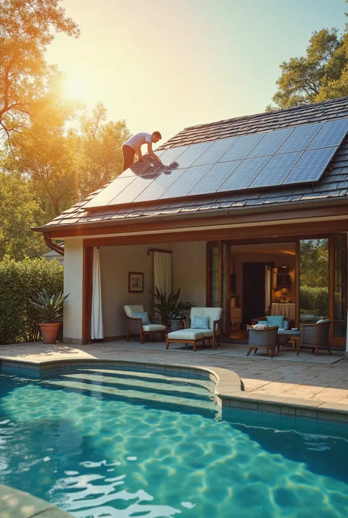 Image of a person installing a modern solar panel on the roof of an elegant house, overlooking a pool. The pool is in a sunny environment, with the water shining, showing that it is heated and comfortable. The person on the roof, focused on installing the ...