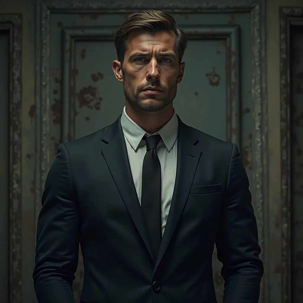 Alone, looking at the spectator, short hair, blue eyes, brown hair,  Cinematography , muscular man in suit
