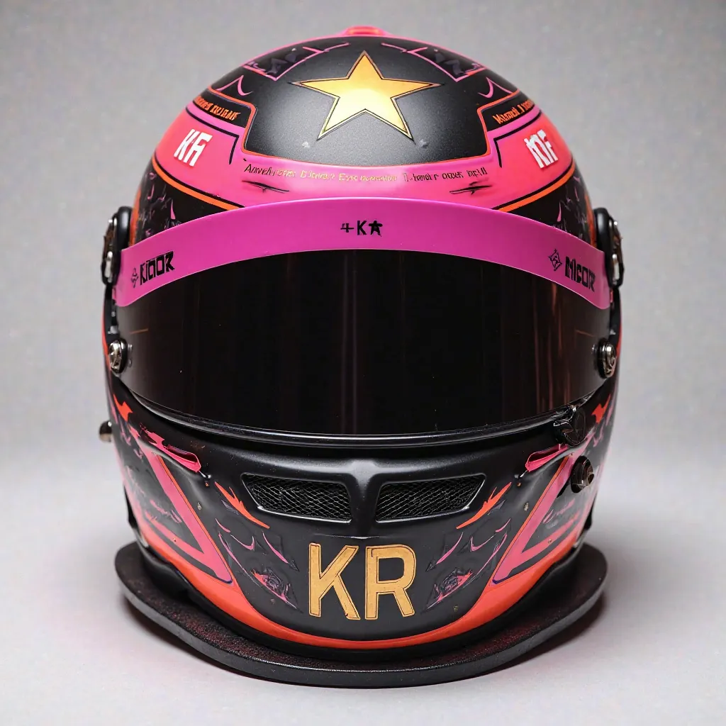 F1 driver Helmet in black with pink and orange details. One golden star because I won the WDC (World drivers championship) 2024. My initials KR (Kailee Ross). McLaren. Realistic 