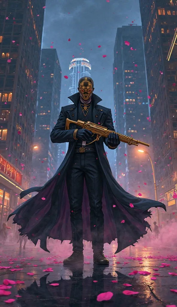 "Create a dramatic and atmospheric illustration of Jhin, The Virtuoso, in a modern night city. Jhin is at the center of the scene, wearing her elegant and mysterious outfit, with her golden mask covering her face. He holds his gun, Whisper, with a theatric...