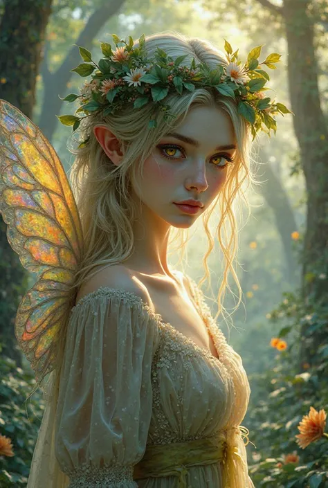 A highly detailed fantasy illustration of a magical fairy, mixing dark and enchanting aesthetics. She has a mysterious and ethereal beauty, with pale, almost ghostly skin and bright and intense eyes, creating a striking contrast with its cheerful environme...