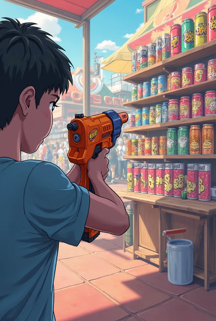 A PERSON SHOOTING WITH A NERF GUN AT A SHELF WITH 8 CANS OF POKEMON AT A LONG DISTANCE AN ANIME FAIR WITH A PRIZE TABLE