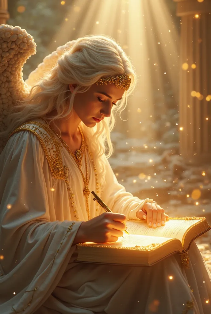 An angelic scribe with a golden pen writing in a heavenly book, with rays of light descending on him, Ultra-realistic cinematic HDR lighting, resolution 8k.


