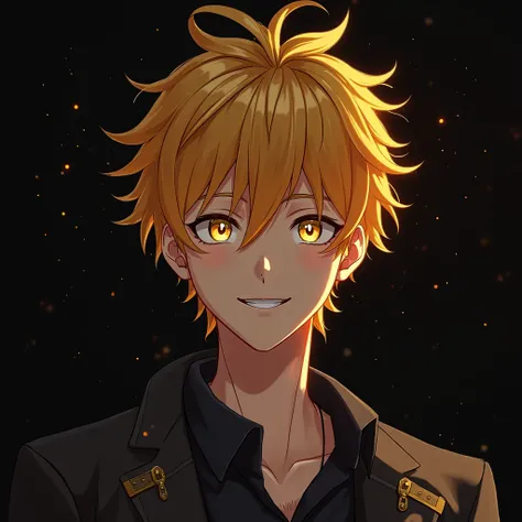 black backround and anime boy and hair is yellow and eye is yellow lighting and smile is very beautiful
