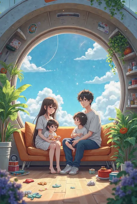 A anime family is sitting in a helmet 