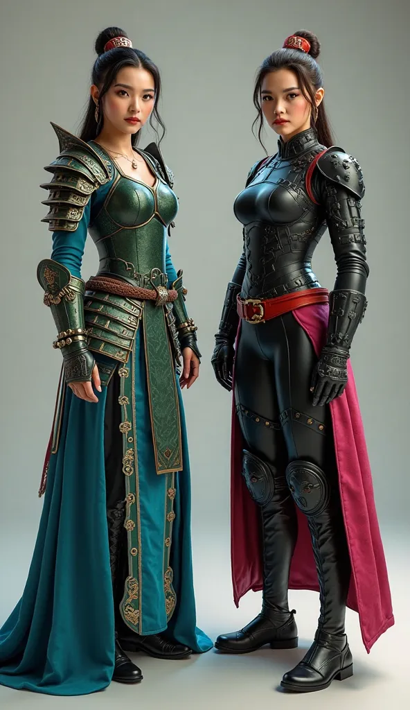 Create a full-body shot of two original characters inspired by Mulan and Black Widow. The first character is dressed in a blend of green and blue warrior armor, with intricate designs and plating reminiscent of traditional Eastern armor, featuring a flowin...