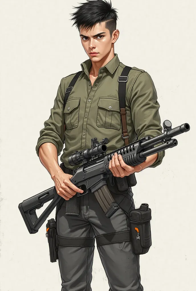  realistic drawing, Tall boy,  black hair with military cut, brown eyes, She wears a shotgun  