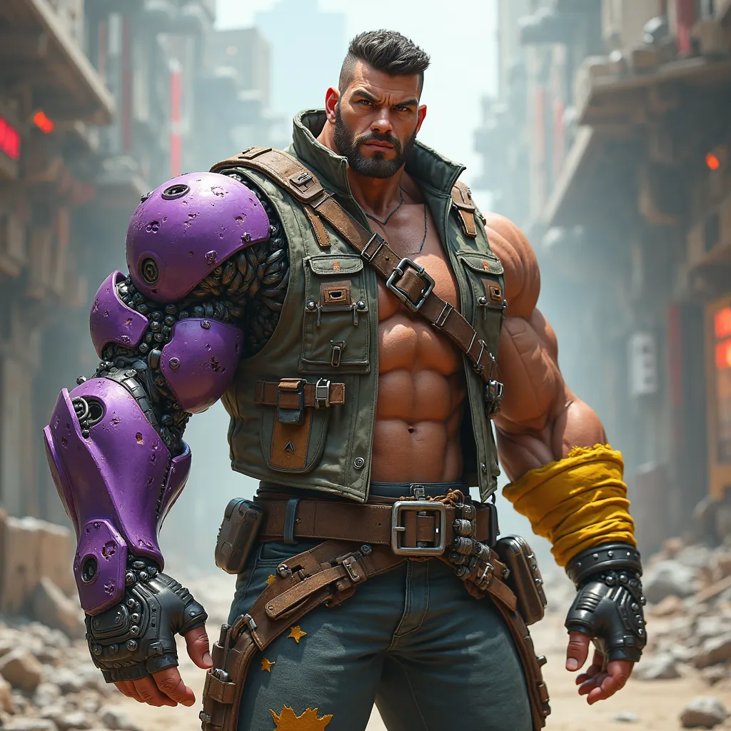 Muscular cybort with purple robotic right arm , Wear a torn vest with yellow