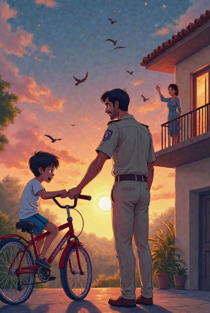 "A heartwarming anime-style scene of a father and son in front of their home during a beautiful evening. The father, an Indian police officer in uniform with a clean-shaven face, is patiently teaching his four-year-old son how to ride a bicycle. The , wear...