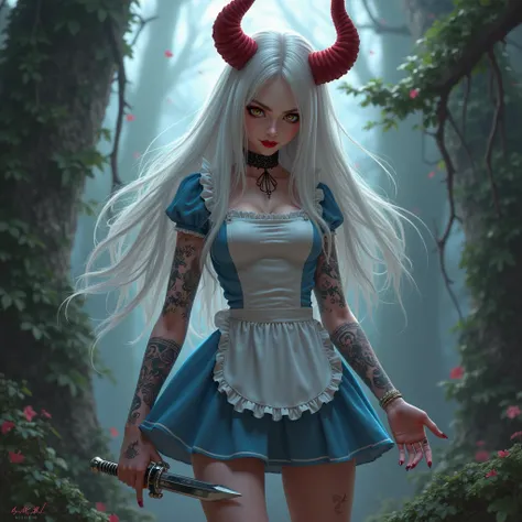 
Sexy tattoed Alice in Wonderland, long white hair and red horns, with erotic short blue dress and a white apron, holding dagger,  with smile cat 