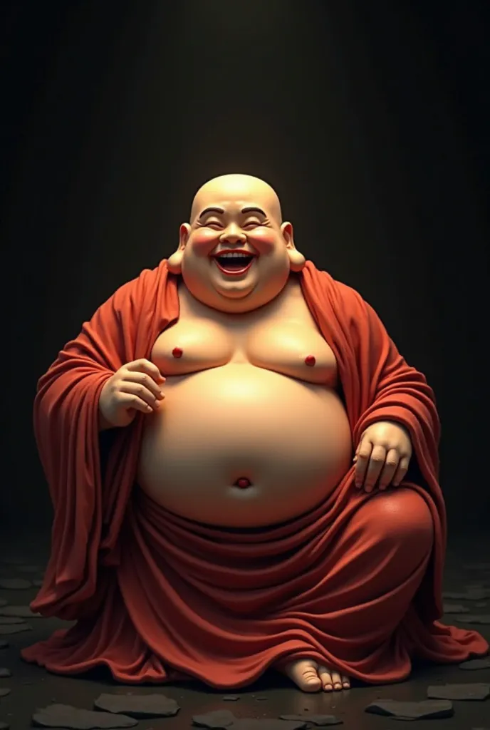 A laughing buddha, smiling, backdrop is black 