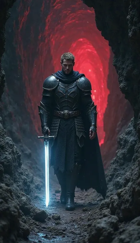 A brave king dressed in dark battle armor, holding a glowing silver sword, cautiously entering a dark and eerie cave. The cave is filled with jagged rocks, strange shadows, and an ominous red glow in the distance. His expression is determined, yet cautious...