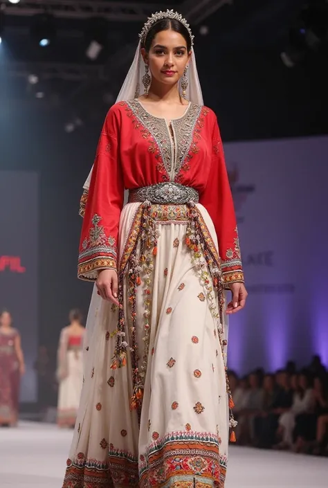 A young woman, likely of Middle Eastern or North African descent, is centered in the image, walking a fashion show. She is in her late s or early twenties.  She wears a traditional, ornate outfit: a red, embroidered top with lace trim and detailed embroide...