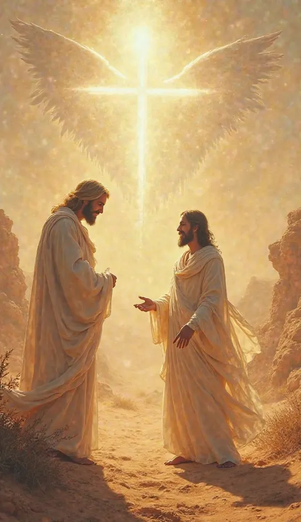 The angel of revelation talking to Jesus Christ in a prying place in a desert