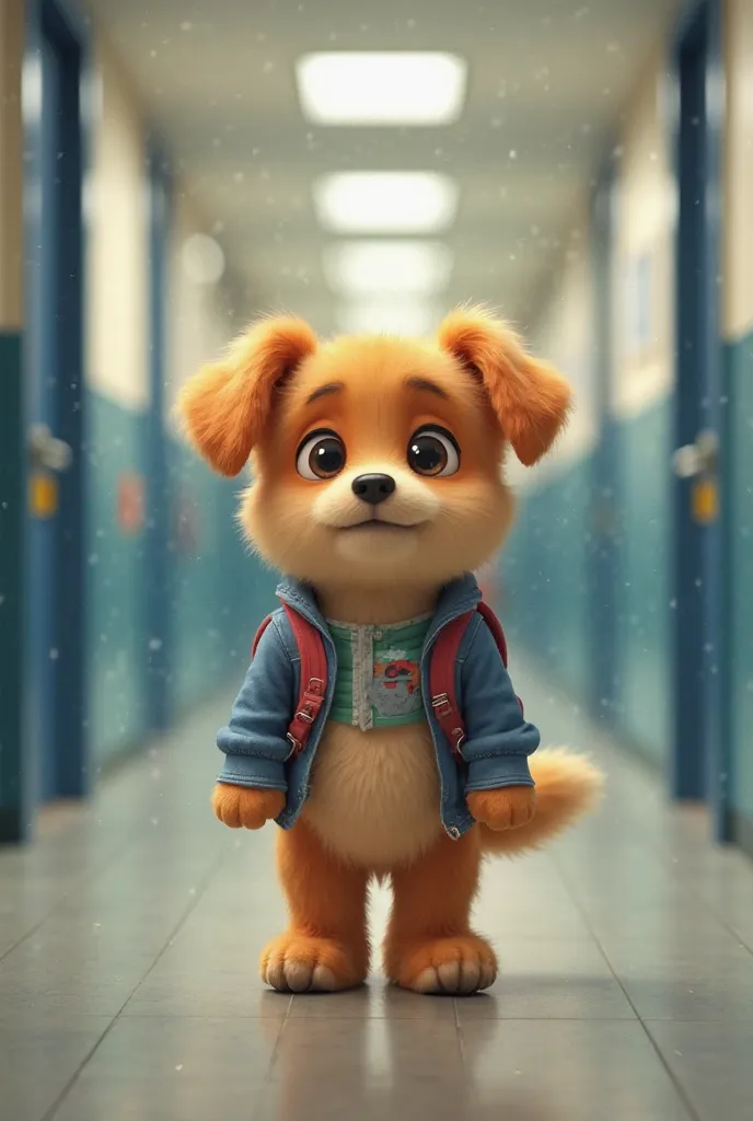 arafed dog in a school hallway with a backpack and a cell phone, widescreen shot, ultra realistic picture, crisp image texture, amazing wallpaper, highschool background, in style of ultra realistic, movie screen shot, cute features, very cute features, pho...