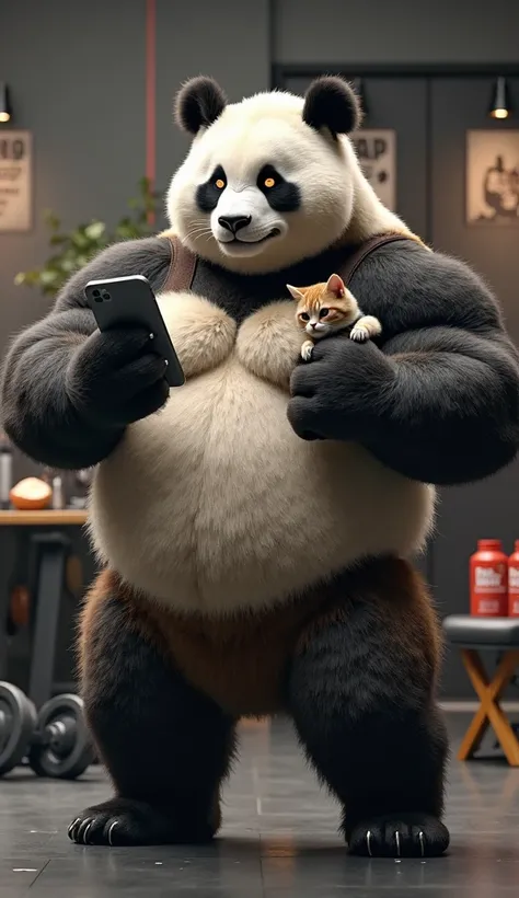 "A realistic, oversized, and heavily muscular anthropomorphic panda with thick, fluffy fur and a strong, chiseled physique stands in its modern home gym, holding a smartphone in one massive paw while lifting a heavy dumbbell effortlessly with the other. Th...