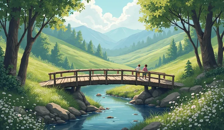 A serene valley with the repaired wooden narrow bridge, symbolizing harmony and cooperation.