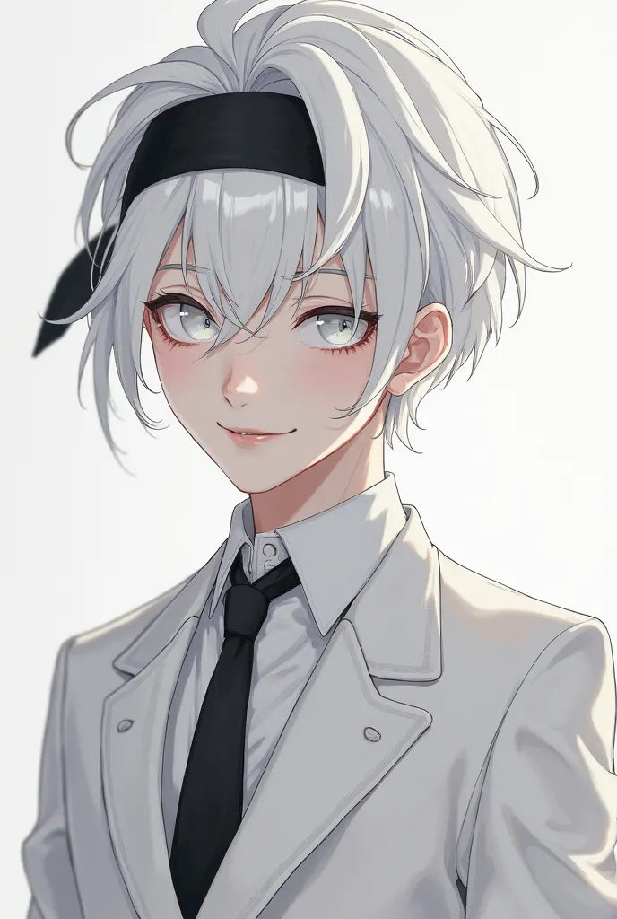 a young man with white hair and white clothes with a black shirt and a white jacket and a white tie and a black anime headband and a smiling face and white eyes without wings