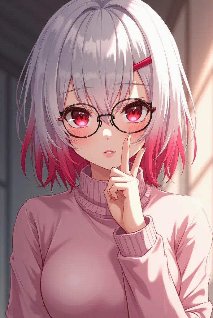 Anime Busty Woman.ends, white hair, red ends, red eyes, glasses, put on a light pink sweater