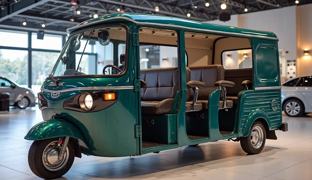 New 2025 Toyota Auto Rickshaw 7 seater Exterior front  review open vehicle light 100% real and clear images first look show in furnished showroom the vehicle  colour high quality and high resolution and name logo show on 