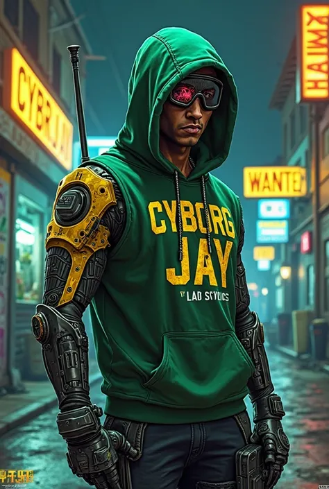 "Cyborg_Jay" – GTA V-Inspired Cyberpunk Logo

Character: Franklin Clinton as a cybernetic mercenary.

Design: Green hoodie with armored plating, robotic arm (glowing yellow circuits), holographic HUD eye (showing "Wanted Level 5"), and tactical gloves.

We...