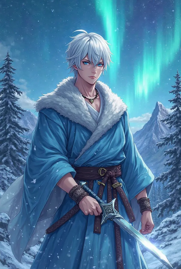  Asian Male, detailed face, serious expression, upright posture, tunic dress, strong,  big sword  , Ice sword, blue eyes, white hair, light blue clothes, mountain scenery, neve, night sky,  starry sky,  forests, 4K, breasts, anime, The northern lights, viv...