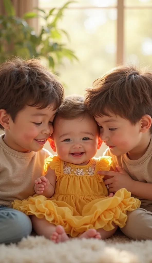 Cutest young baby girl wearing beautiful yellow dress sitting between her two beautiful brothers 