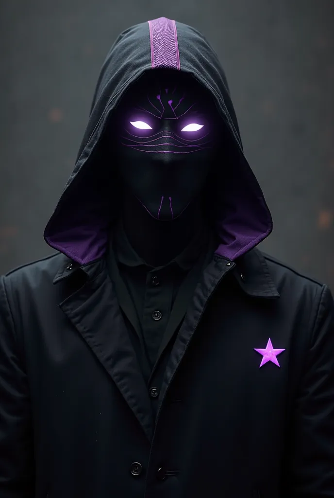 Create an image of a mysterious and imposing figure, a man clad in a sleek black coat with a hood with purple stripes. His mask, base color being black and having small purple stripes and his eyes are strikingly bright white, glowing and looking angry and ...