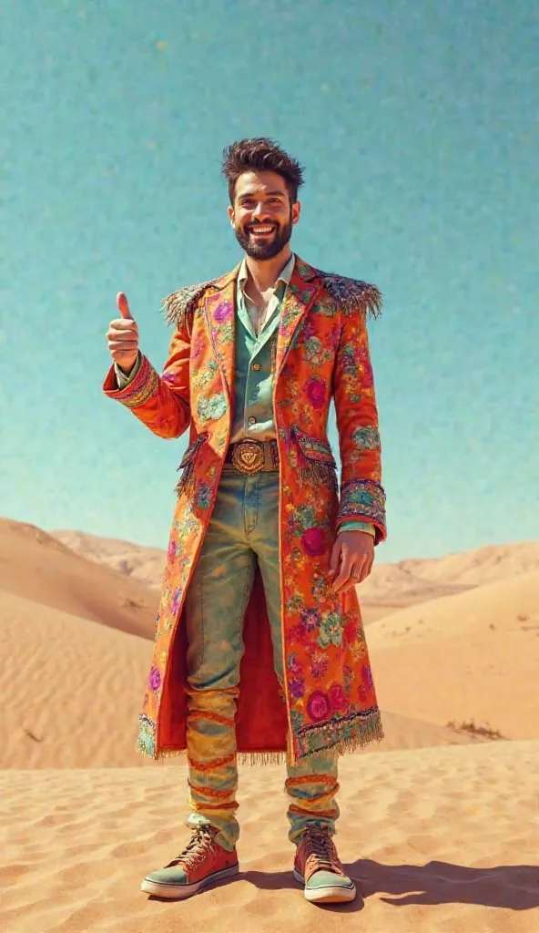 25-years-old man in desert in fancy dress showing thumb up like sign with smile