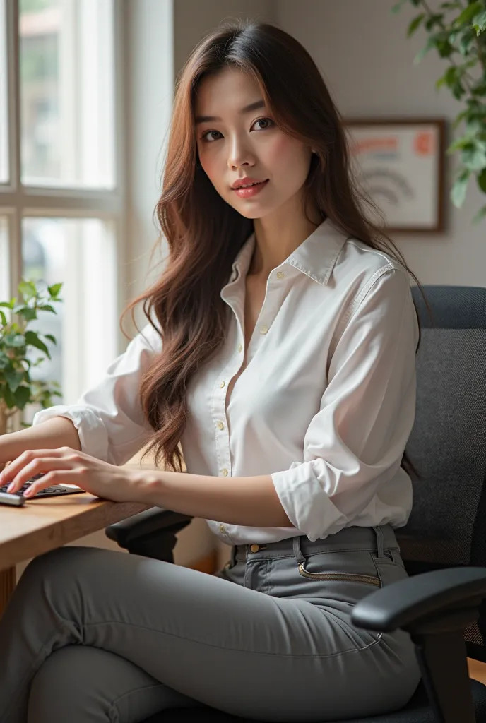  a beautiful Asian woman , detailing of all parts of the body,   with expressive eyes, sports figure, luxury bust,  Beautiful legs , With a sweet smile,  with long brown hair, in a white shirt and grey pants, High detail,  drawing small details,  play of l...