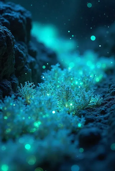 A close-up of bioluminescent algae glowing softly in an alien environment. The algae spread across a rocky surface, emitting a mesmerizing blue-green light. Delicate tendrils extend outward, pulsing with an organic luminescence. The surrounding terrain is ...