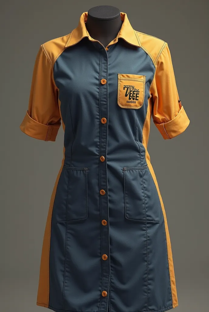 Uniform dress with pocket on the left chest with the name Sítio Zé Abelha and the image of two cheeses under the image the name Kamila Ferraz 