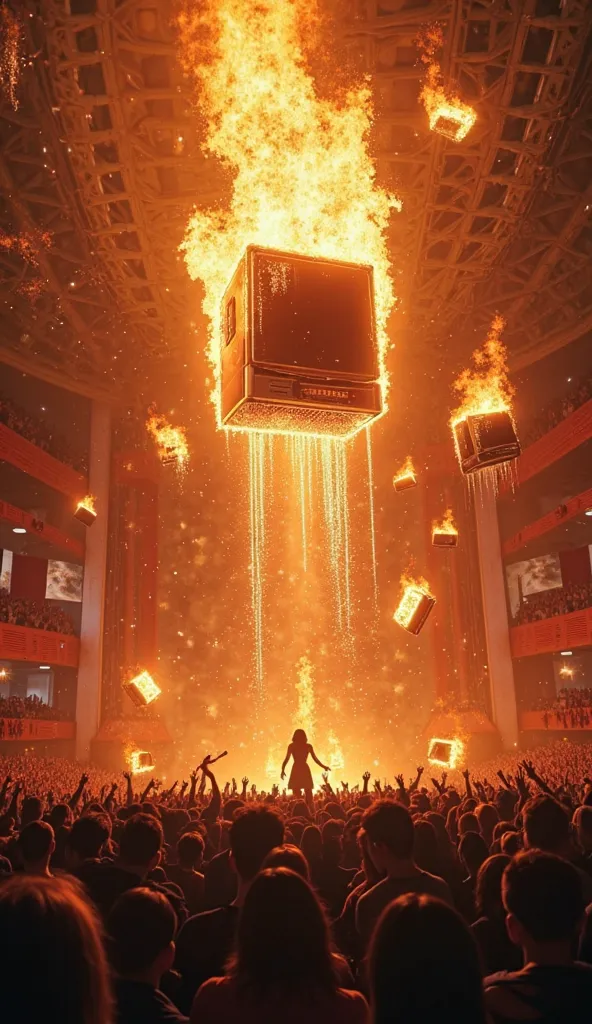 Flaming refrigerators fall from the sky like fireballs inside a music venue