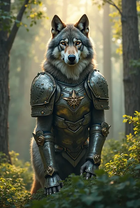 Loup en armure avec le logo WFS dans la forêt 